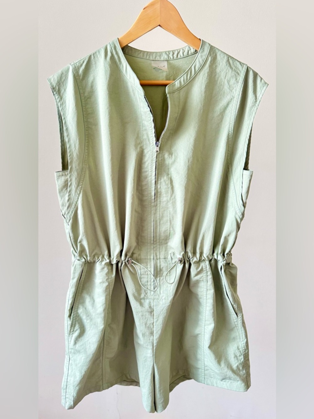 Sleeveless Drawstring Romper in Sage Green